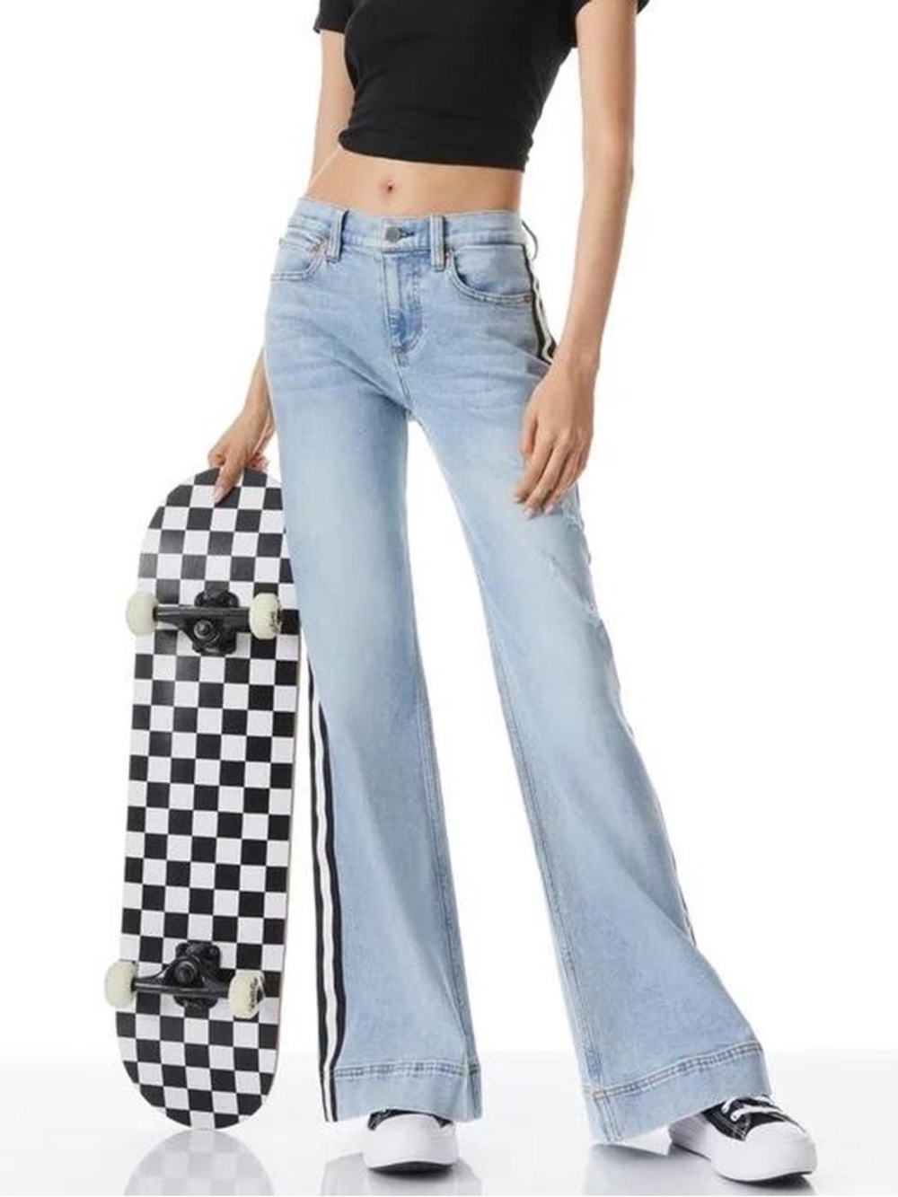 Alice + Olivia Light Blue Wide-Leg Jeans with Black Side Stripe
